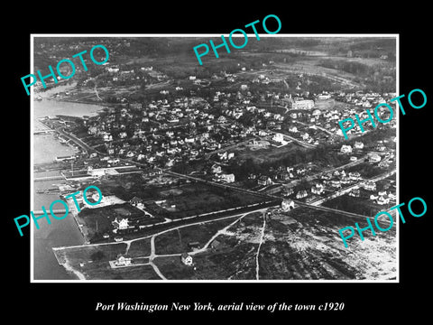 OLD LARGE HISTORIC PHOTO OF PORT WASHINGTON NEW YORK, AERIAL VIEW OF TOWN c1920