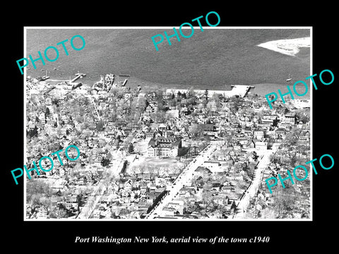 OLD LARGE HISTORIC PHOTO OF PORT WASHINGTON NEW YORK, AERIAL VIEW OF TOWN c1940