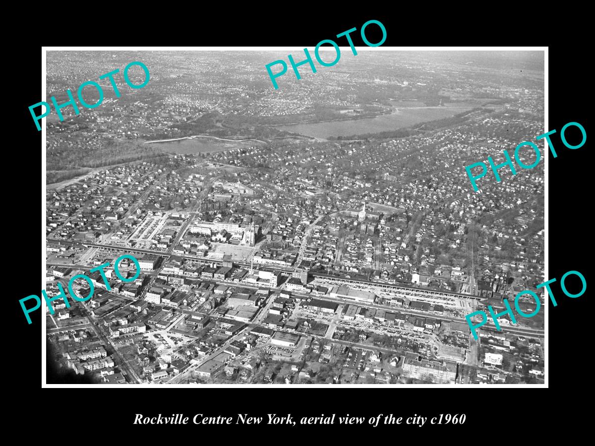 OLD LARGE HISTORIC PHOTO OF ROCKVILLE CENTRE NEW YORK, AERIAL VIEW OF CITY c1960