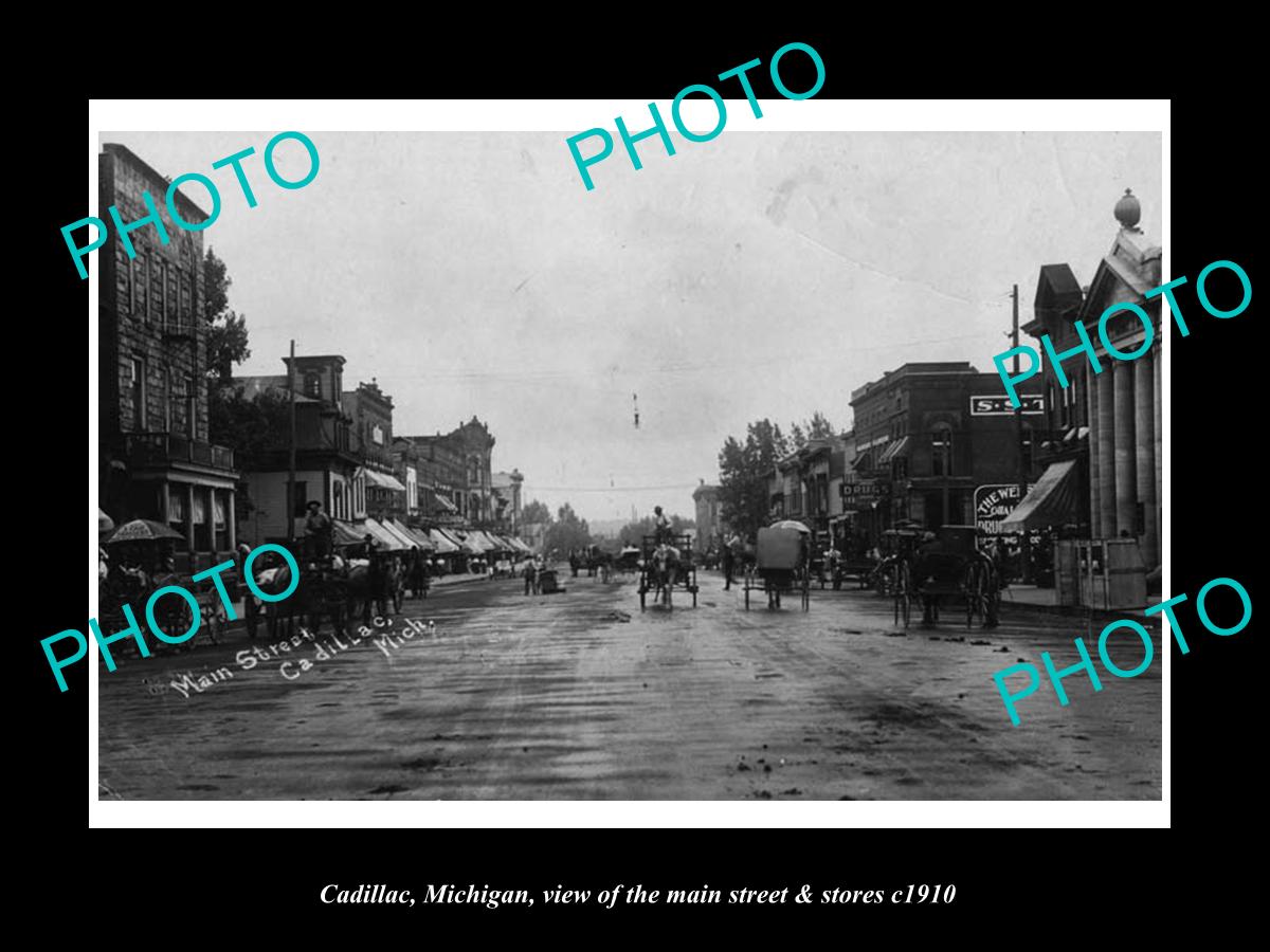 OLD LARGE HISTORIC PHOTO OF CADILLAC MICHIGAN, THE MAIN STREET & STORES c1910