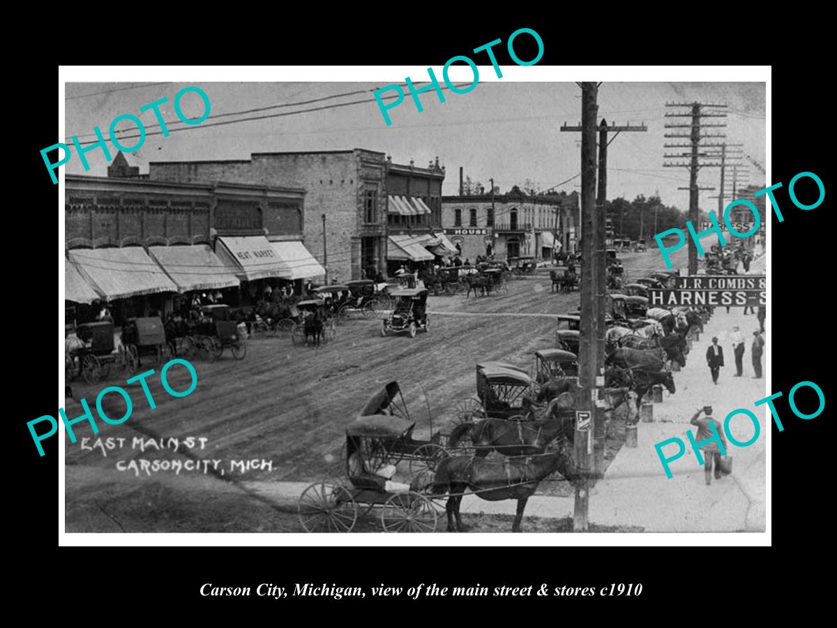 OLD LARGE HISTORIC PHOTO OF CARSON CITY MICHIGAN, THE MAIN St & STORES c1910