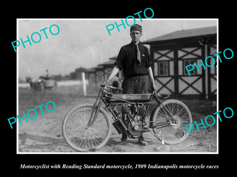 OLD LARGE HISTORIC PHOTO OF READING STANDARD MOTORCYCLE c1909 AT INDIANAPOLIS