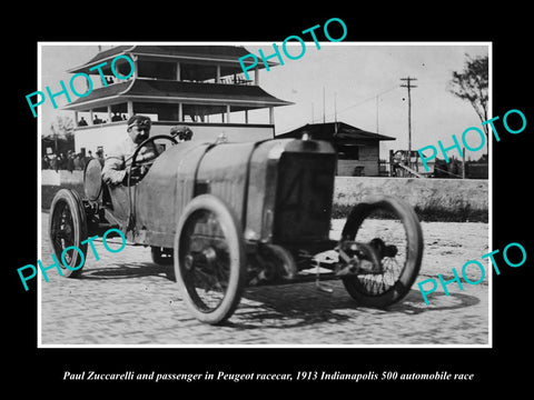 OLD HISTORIC PHOTO OF ZUCCARELLI DRIVING HIS PEUGEOT RACE CAR, INDIANAPOLIS 1913