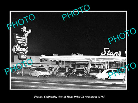 OLD LARGE HISTORIC PHOTO OF FRESNO CALIFORNIA, STANS DRIVE IN RESTAURANT c1955