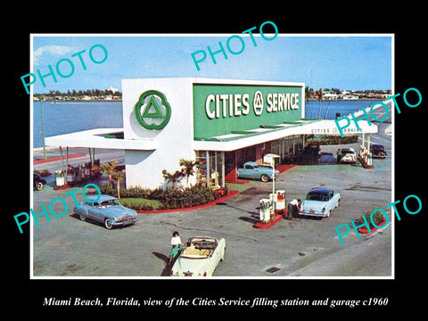 OLD LARGE HISTORIC PHOTO OF MIAMI BEACH FLORIDA, THE CITIES SERVICE STATION 1960