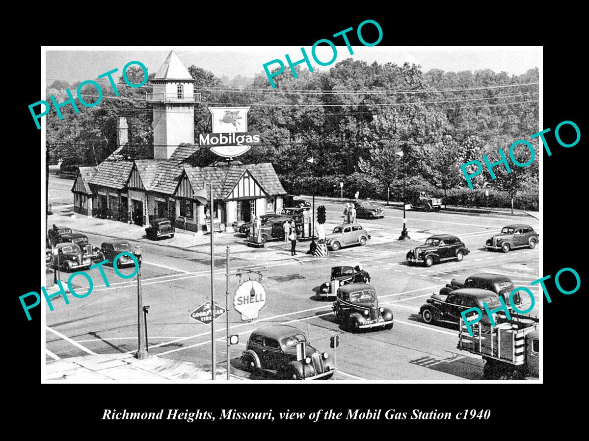 OLD LARGE HISTORIC PHOTO OF RICHMOND HEIGHTS MISSOURI, MOBIL GAS STATION c1940