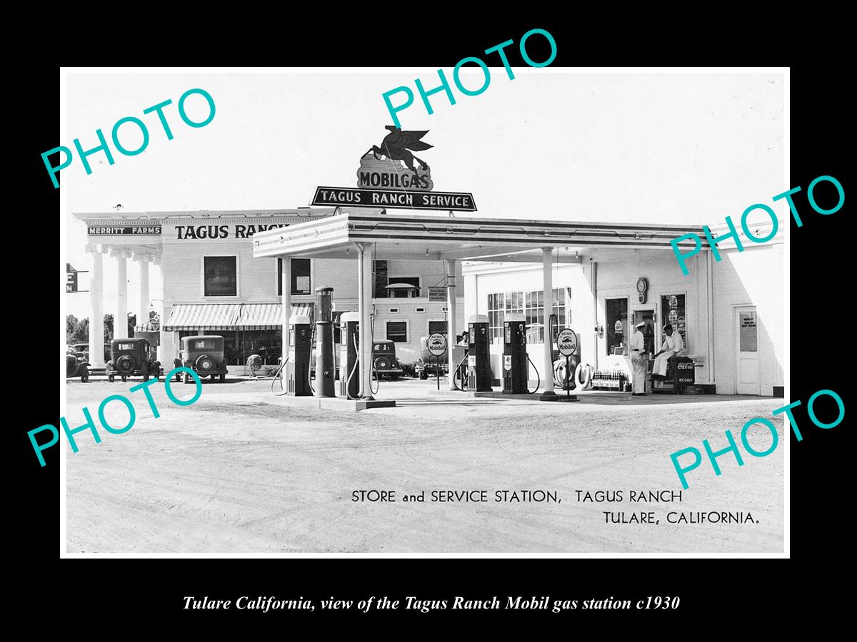 OLD LARGE HISTORIC PHOTO OF TULARE CALIFORNIA, THE TAGUS MOBIL GAS STATION c1930