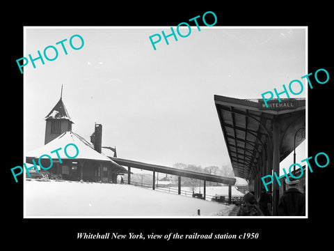 OLD LARGE HISTORIC PHOTO OF WHITEHALL NEW YORK, THE RAILROAD DEPOT STATION c1950