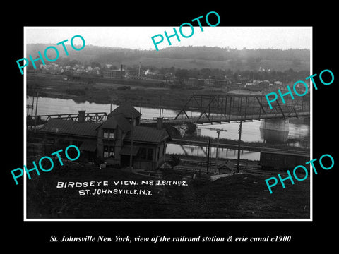 OLD LARGE HISTORIC PHOTO OF ST JOHNSVILLE NEW YORK, RAILROAD DEPOT & CANAL c1900