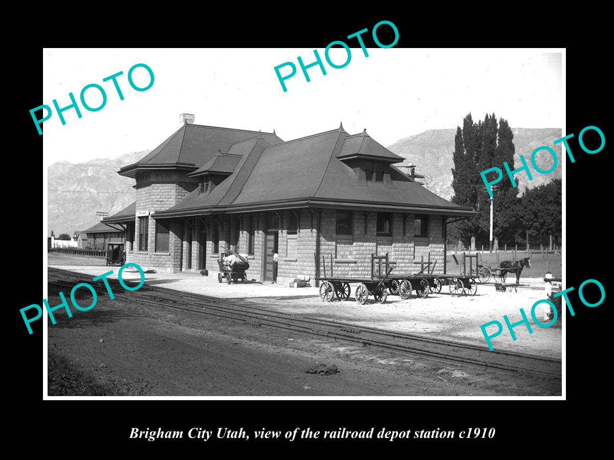 OLD LARGE HISTORIC PHOTO OF BRIGHAM CITY UTAH, VIEW OF THE RAILROAD STATION 1910