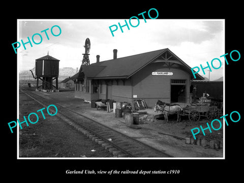 OLD LARGE HISTORIC PHOTO OF GARLAND UTAH, THE RAILROAD DEPOT STATION c1910