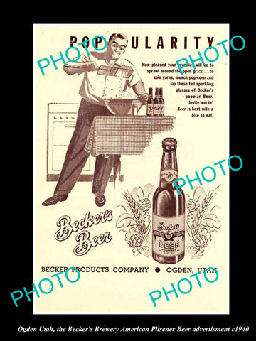 OLD LARGE HISTORIC PHOTO OF OGDEN UTAH, THE BECKER BREWERY BEER POSTER c1940 1