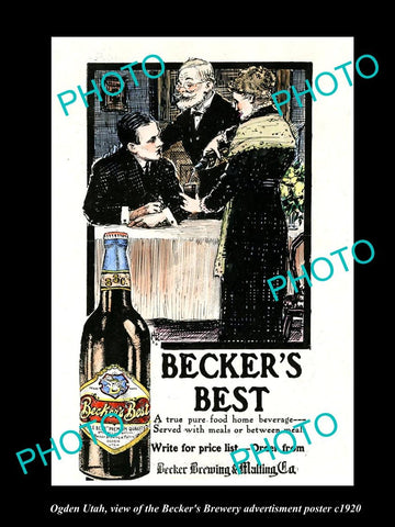 OLD LARGE HISTORIC PHOTO OF OGDEN UTAH, THE BECKER BREWERY BEER POSTER c1920 2