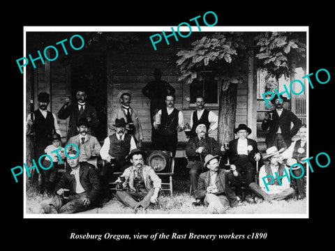 OLD LARGE HISTORIC PHOTO OF ROSEBURG OREGON, THE RAST BREWERY WORKERS c1890