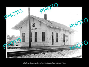 OLD LARGE HISTORIC PHOTO OF EUDORA KANSAS, THE RAILROAD DEPOT STATION c1960