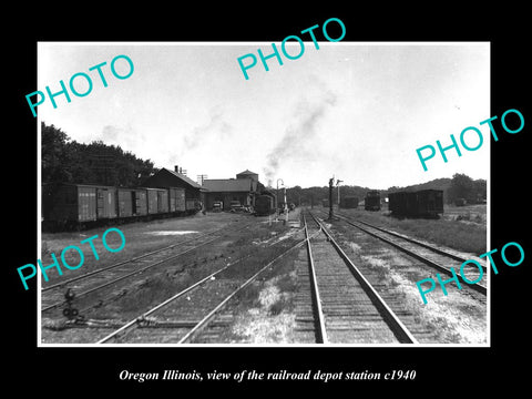 OLD LARGE HISTORIC PHOTO OF OREGON ILLINOIS, THE RAILROAD DEPOT STATION c1940