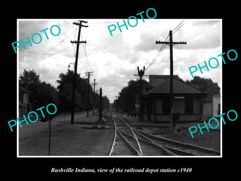 OLD LARGE HISTORIC PHOTO OF RUSHVILLE INDIANA, THE RAILROAD DEPOT STATION c1940