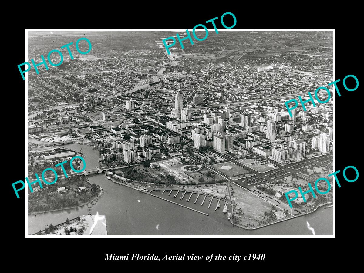 OLD LARGE HISTORIC PHOTO OF MIAMI FLORIDA, AERIAL VIEW OF THE CITY c1940