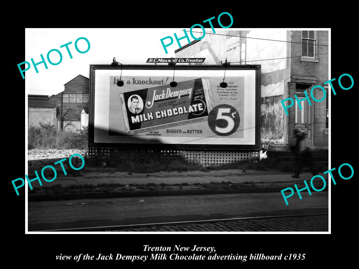 OLD LARGE HISTORIC PHOTO OF TRENTON NEW JERSEY, JACK DEMPSEY CHOCOLATE AD c1935