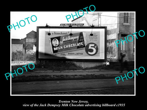 OLD LARGE HISTORIC PHOTO OF TRENTON NEW JERSEY, JACK DEMPSEY CHOCOLATE AD c1935