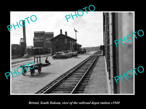 OLD LARGE HISTORIC PHOTO OF BRISTOL SOUTH DAKOTA RAILROAD DEPOT STATION c1940