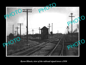 OLD LARGE HISTORIC PHOTO OF BYRON ILLINOIS, THE RAILROAD SIGNAL TOWER c1950