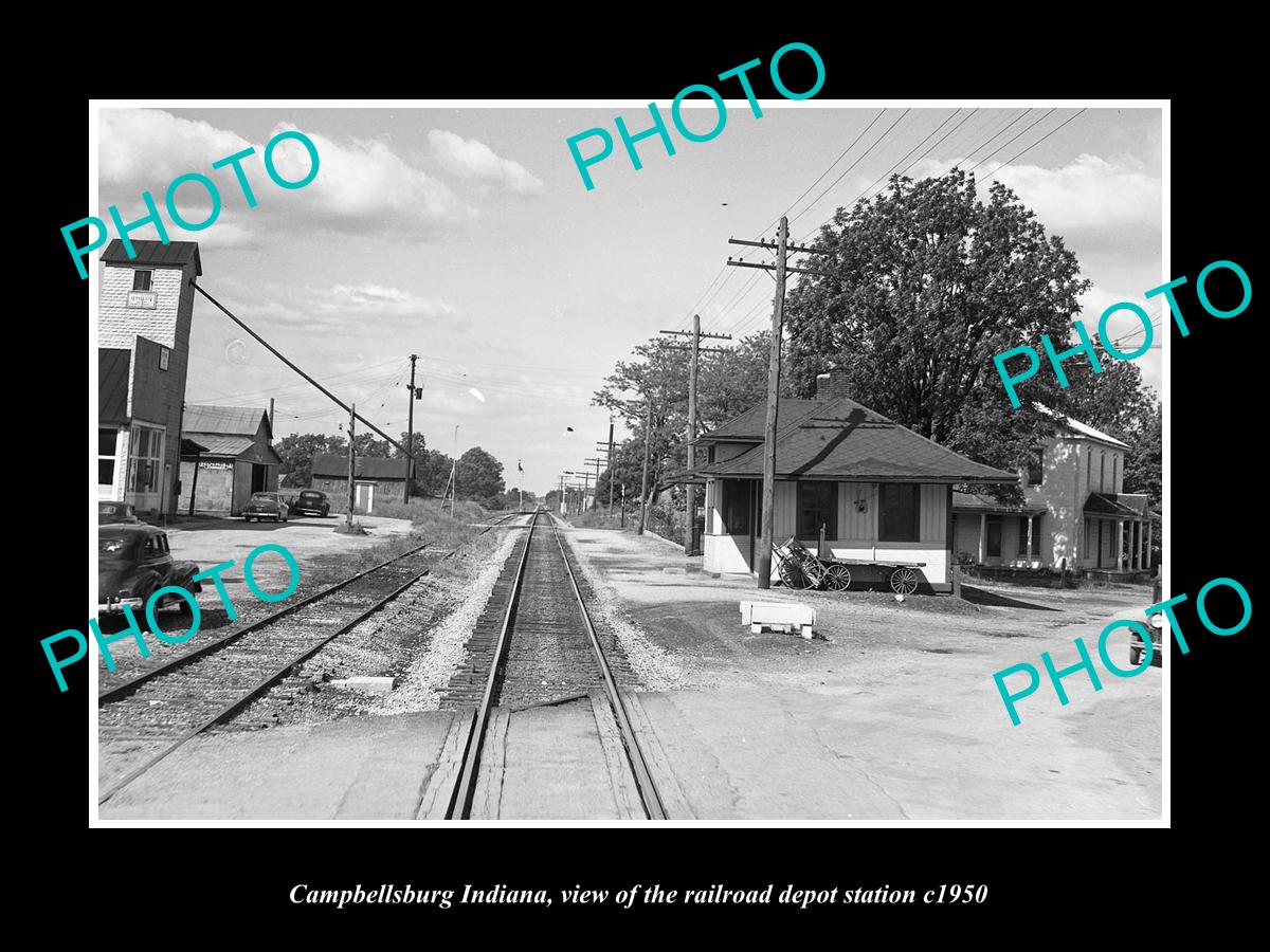 OLD LARGE HISTORIC PHOTO OF CAMPBELLSBURG INDIANA, THE RAILROAD DEPOT c1950