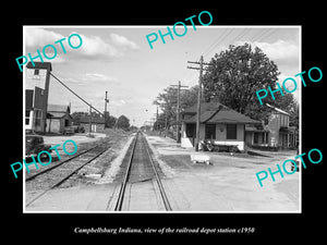 OLD LARGE HISTORIC PHOTO OF CAMPBELLSBURG INDIANA, THE RAILROAD DEPOT c1950