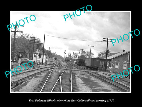 OLD LARGE HISTORIC PHOTO OF EAST DUBUQUE ILLINOIS, THE RAILROAD CROSSING c1950