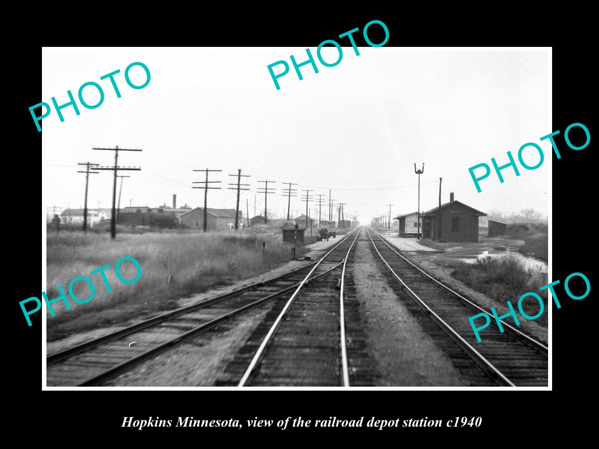 OLD LARGE HISTORIC PHOTO OF HOPKINS MINNESOTA, THE RAILROAD DEPOT STATION c1940