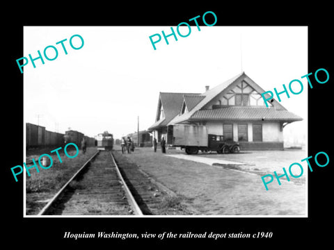 OLD LARGE HISTORIC PHOTO OF HOQUIAM WASHINGTON, THE RAILROAD DEPOT STATION c1940