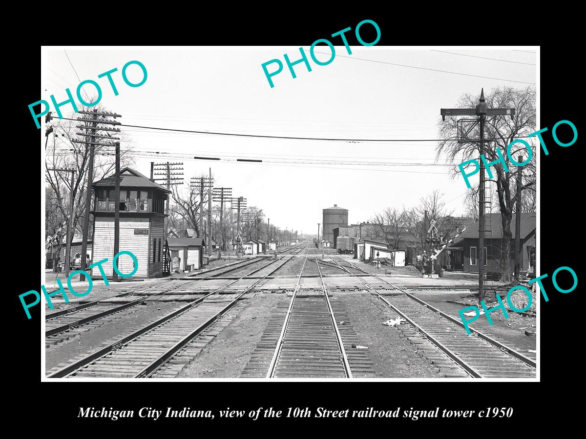 OLD LARGE HISTORIC PHOTO OF MICHIGAN CITY INDIANA, 10TH St RAILROAD TOWER c1950