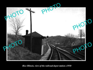 OLD LARGE HISTORIC PHOTO OF RICE ILLINOIS, THE RAILROAD DEPOT STATION c1950