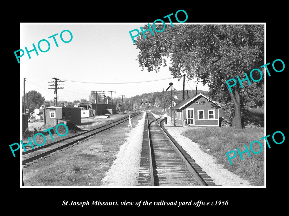 OLD LARGE HISTORIC PHOTO OF ST JOSEPH MISSOURI RAILROAD DEPOT YARD OFFICE c1950