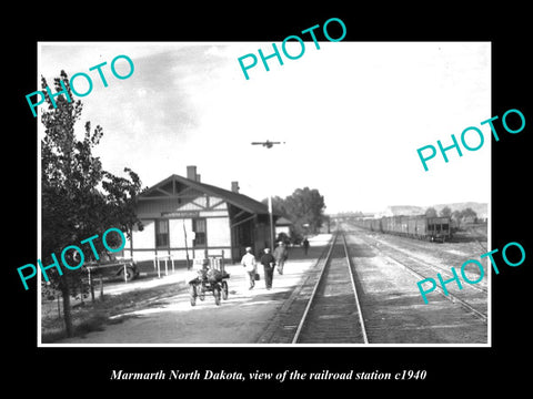 OLD LARGE HISTORIC PHOTO OF MARMARTH NORTH DAKOTA, THE RAILROAD DEPOT c1940