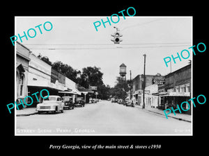 OLD LARGE HISTORIC PHOTO OF PERRY GEORGIA, VIEW OF THE MAIN St & STORES c1950