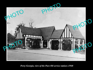 OLD LARGE HISTORIC PHOTO OF PERRY GEORGIA, THE PURE OIL GAS STATION c1940