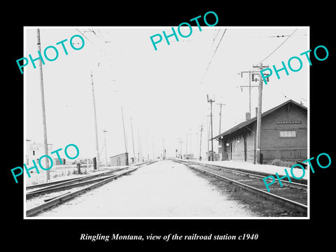 OLD LARGE HISTORIC PHOTO OF RINGLING MONTANA, THE RAILROAD DEPOT STATION c1940