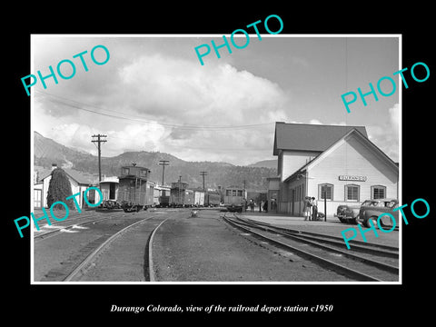 OLD LARGE HISTORIC PHOTO OF DURANGO COLORADO, THE RAILROAD DEPOT STATION c1950