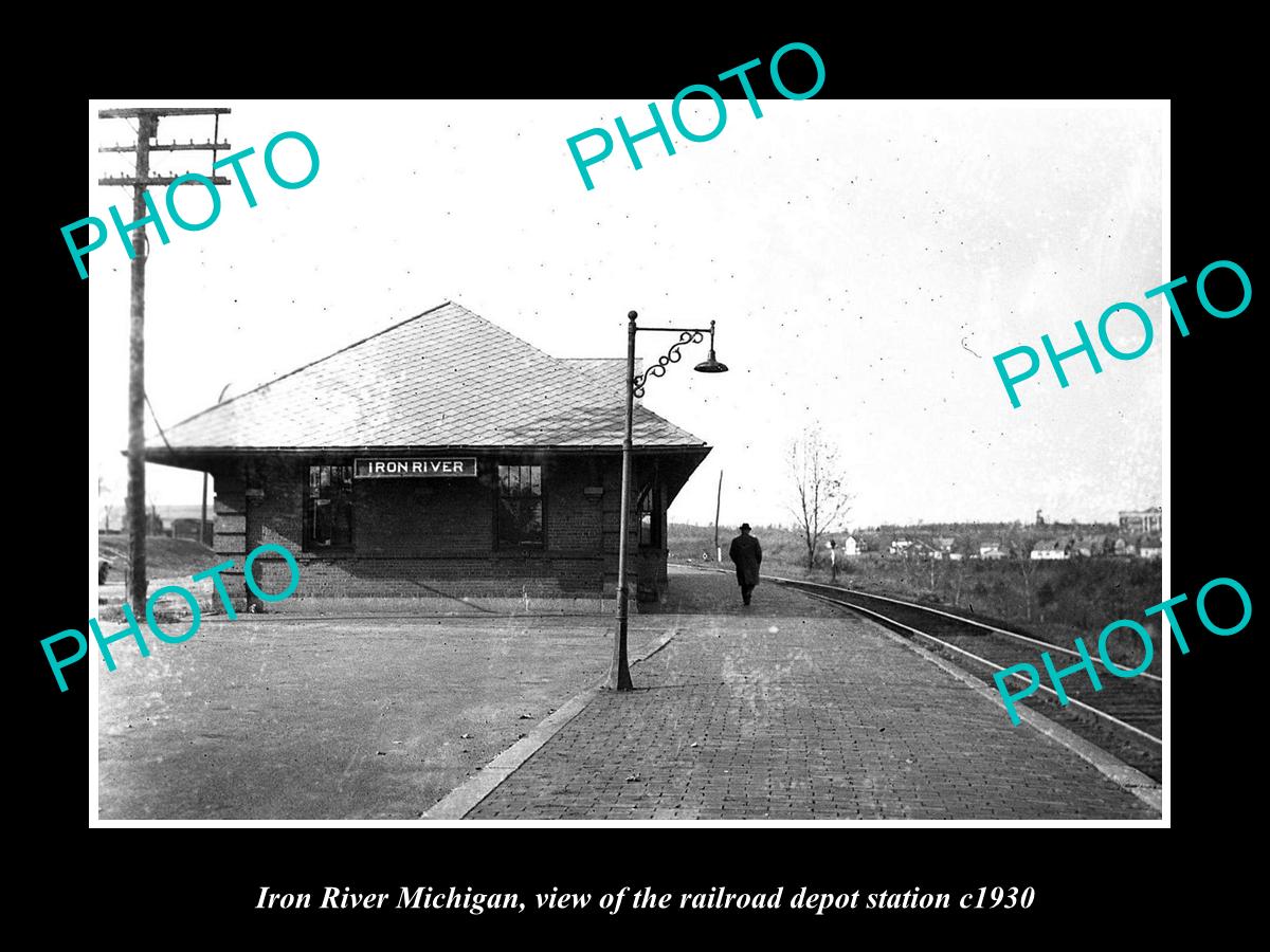 OLD LARGE HISTORIC PHOTO OF IRON RIVER MICHIGAN THE RAILROAD DEPOT STATION c1930