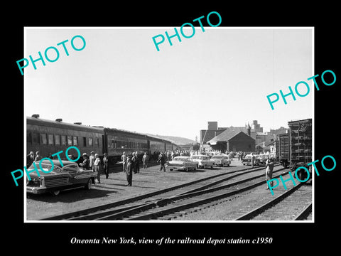 OLD LARGE HISTORIC PHOTO OF ONEONTA NEW YORK, THE RAILROAD DEPOT STATION c1950