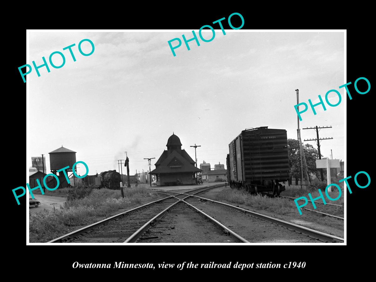 OLD LARGE HISTORIC PHOTO OF OWATONNA MINNESOTA RAILROAD DEPOT STATION c1940