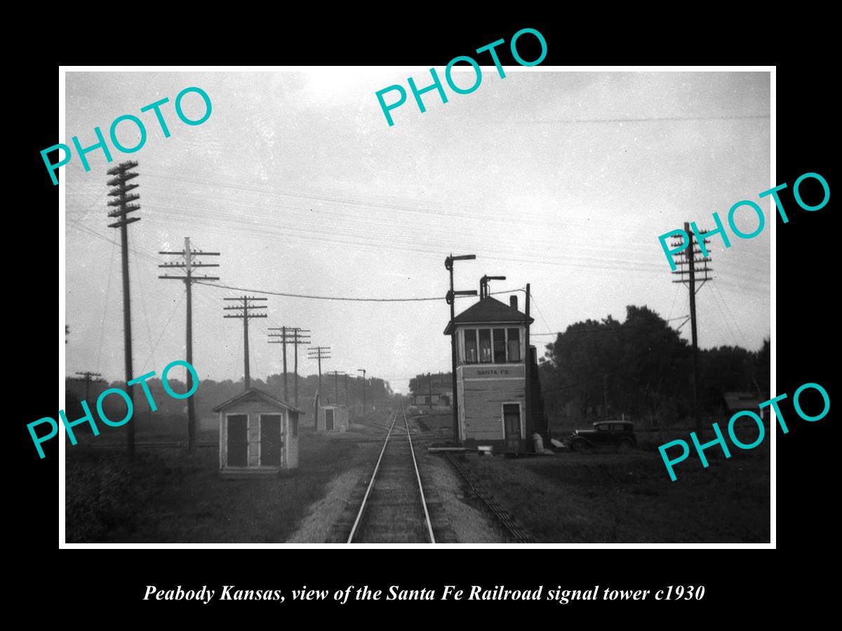 OLD LARGE HISTORIC PHOTO OF PEABODY KANSAS, THE RAILROAD SIGNAL TOWER c1930