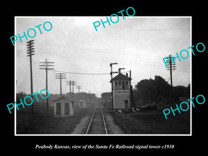 OLD LARGE HISTORIC PHOTO OF PEABODY KANSAS, THE RAILROAD SIGNAL TOWER c1930