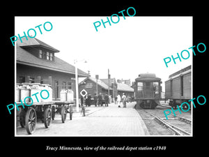 OLD LARGE HISTORIC PHOTO OF TRACY MINNESOTA, THE RAILROAD DEPOT STATION c1940