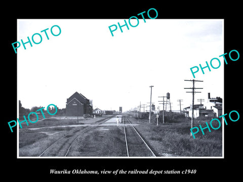 OLD LARGE HISTORIC PHOTO OF WAURIKA OKLAHOMA, THE RAILROAD DEPOT STATION c1940