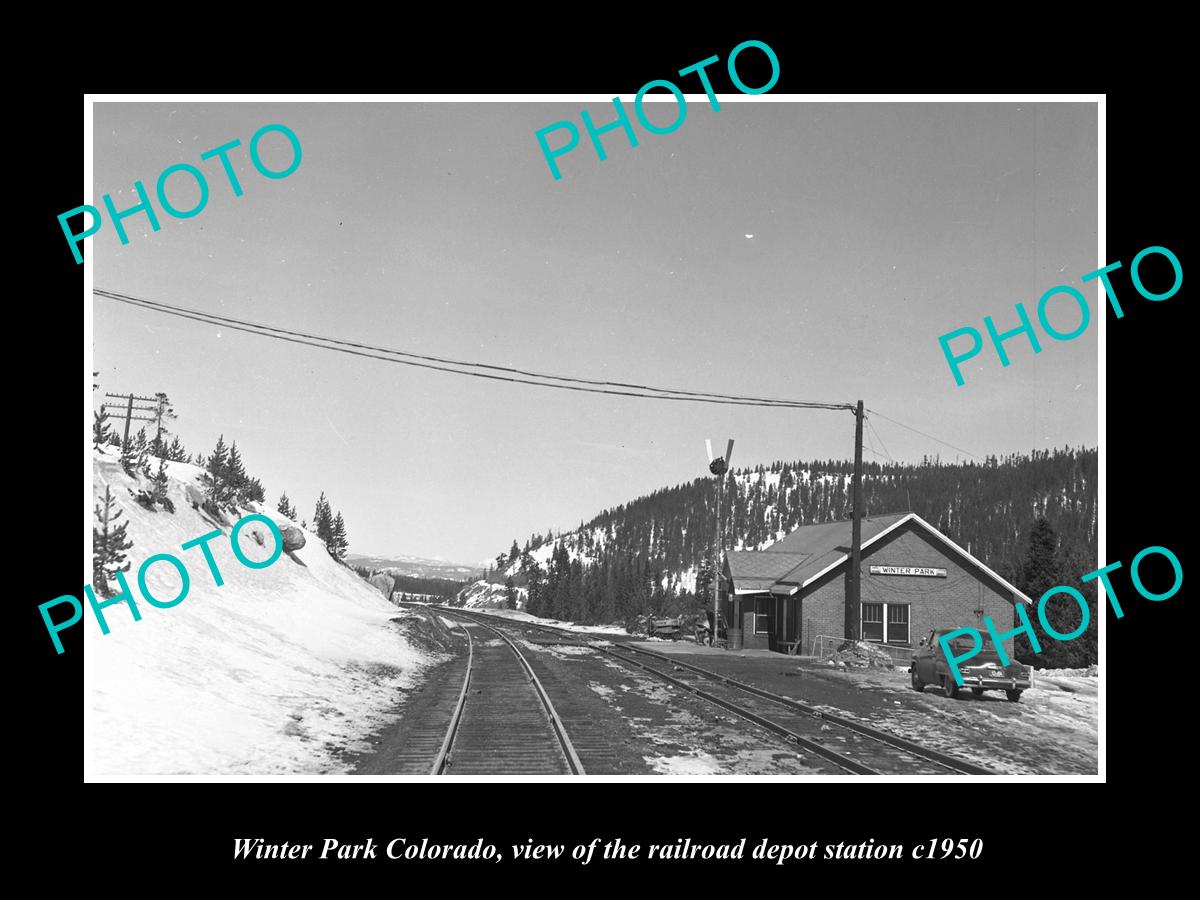 OLD LARGE HISTORIC PHOTO OF WINTER PARK COLORADO RAILROAD DEPOT STATION c1950