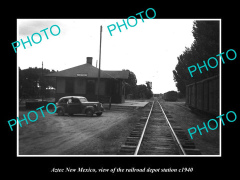 OLD LARGE HISTORIC PHOTO OF AZTEC NEW MEXICO, THE RAILROAD DEPOT STATION c1940