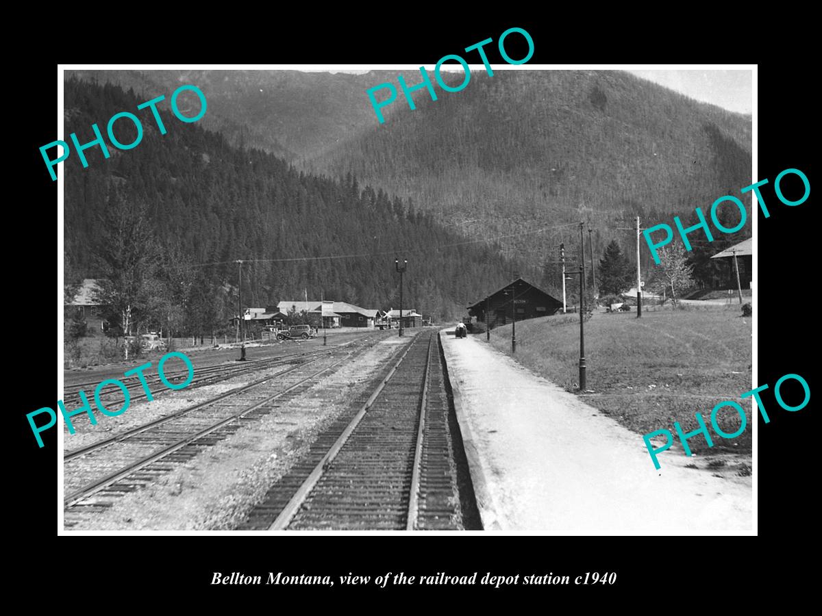 OLD LARGE HISTORIC PHOTO OF BELTON MONTANA, THE RAILROAD DEPOT STATION c1940