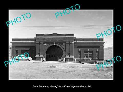 OLD LARGE HISTORIC PHOTO OF BUTTE MONTANA, THE RAILROAD DEPOT STATION c1940